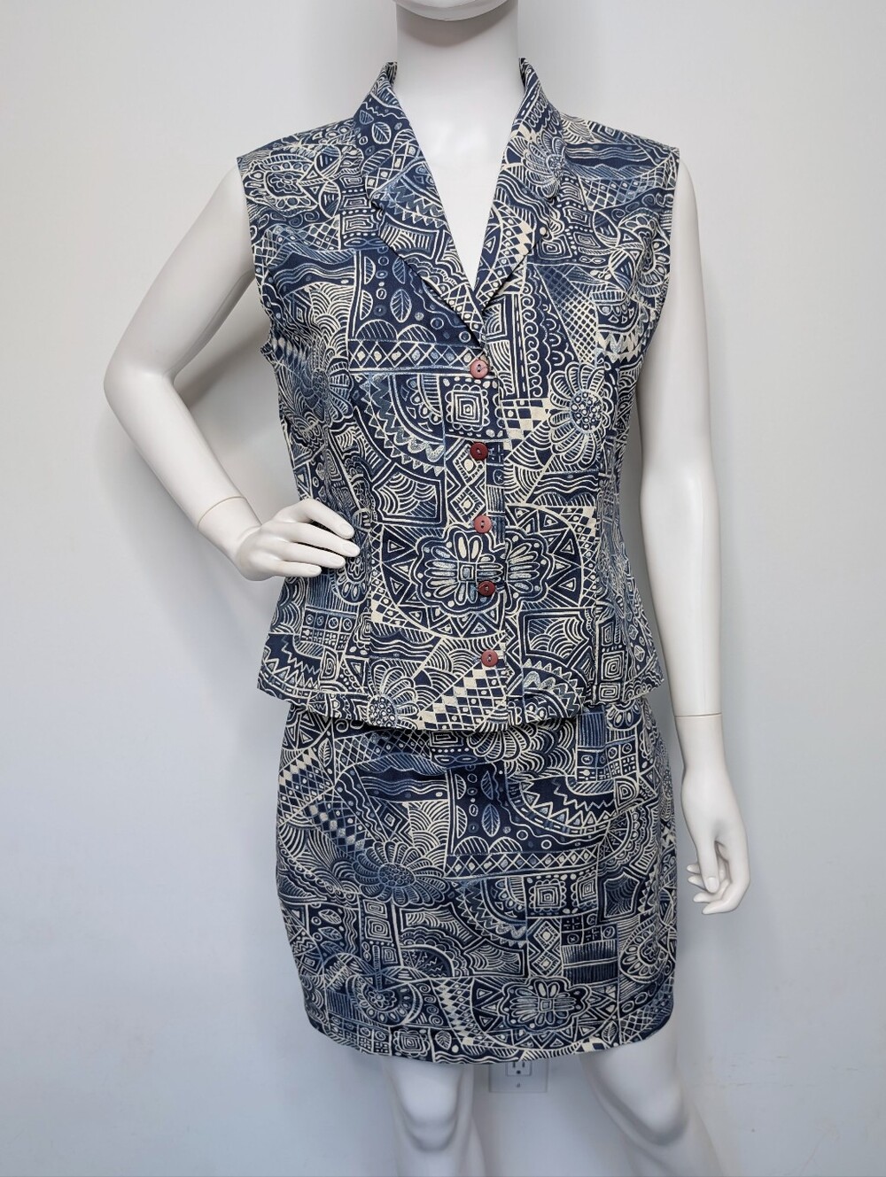 Vintage Cream & Blue Floral Geometric Batik Pattern Sleeves Top & Midi Skirt Set
